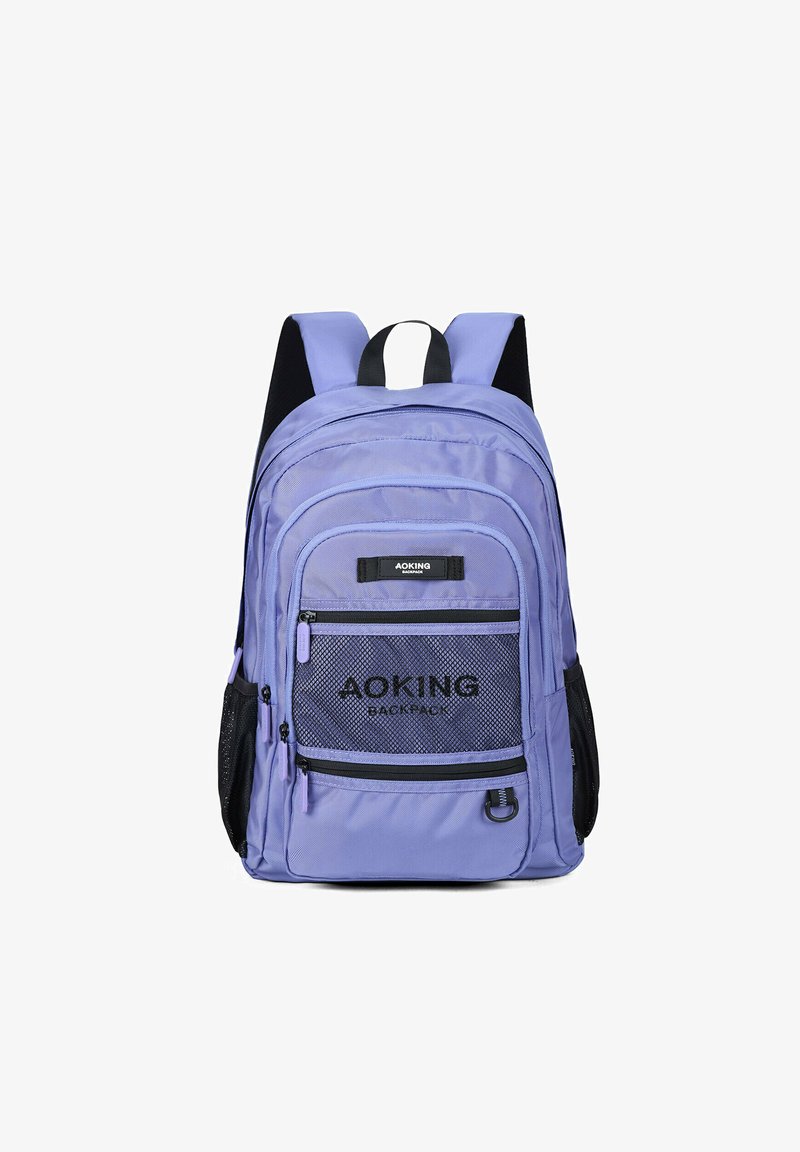 Zaino in tessuto viola con numerosi scomparti, inclusa una tasca in rete, dettagli neri e spallacci imbottiti.