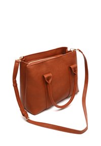 Brown leather handbag with top zipper, dual short handles, and adjustable long strap. Smooth texture, structured rectangular shape, minimal hardware.