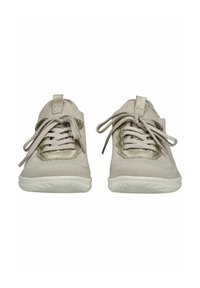 Jasno beżowe buty sportowe z siateczkową cholewką, zaokrąglonym czubkiem, teksturowanymi wzorami, płaskimi sznurówkami i wkładką z białą wyściółką.