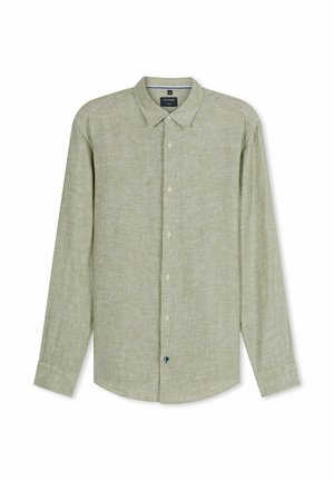 Hellgrünes Leinenhemd mit langen Ärmeln, Knopfleiste und Kragen, auf weißem Hintergrund, Größe M.