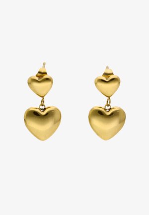 Cercei aurii cu două forme de inimă lustruite conectate, cea mai mică sus și cea mai mare atârnând dedesubt, pentru urechi găurite.
