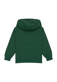 Hoodie de manga longa verde escuro visto de costas, com capuz e punhos e barra canelados, sobre um fundo branco.