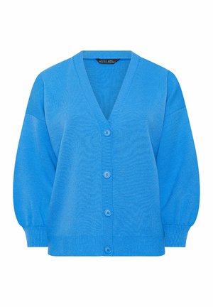 Cardigan blu con bottoni, scollo a V, maniche lunghe, polsini e orlo a coste, realizzato in morbido tessuto a maglia.