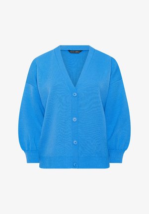 Cardigan boutonné bleu avec col en V, manches longues, poignets et ourlet côtelés, fabriqué dans un tissu en maille douce.