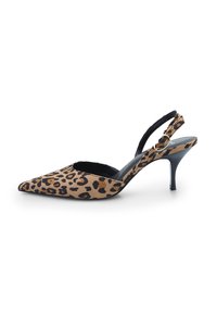 Pointed-toe leopard print slingback pump with black kitten heel and gold buckle strap on white background.