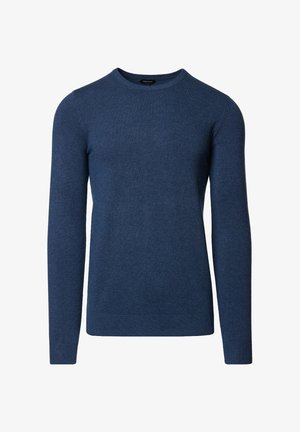 Granatowy sweter dzianinowy z okrągłym dekoltem, długimi rękawami i teksturowanym wzorem. Ściągacze przy mankietach i u dołu, wykonany z miękkiego materiału.