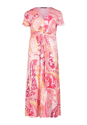 Robe maxi à motif floral rose et orange. Présente un décolleté en V profond, des manches courtes et un détail de taille nouée avec un tissu fluide.