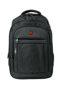 Zwarte rugzak van gestructureerde stof, met meerdere ritsvakken, verstevigde handvatten en een rood logo aan de voorkant. Compact, gestructureerd ontwerp.