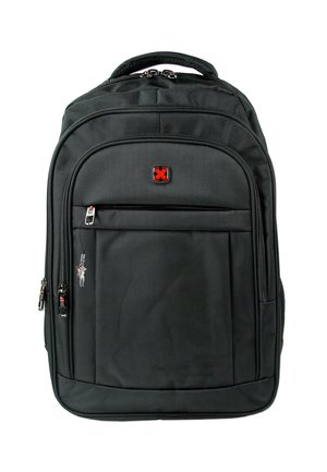 Black backpack with textured fabric, multiple zippered pockets, reinforced handles, and a red logo on the front. Compact, structured design.