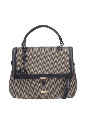 Sac à main avec un corps tissé de couleur beige et noir, accents en cuir noir, une forme structurée et un détail de nœud décoratif sur le fermoir.