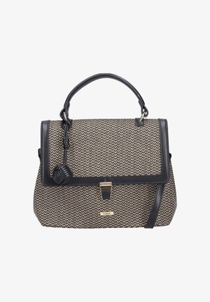 Handtasche mit einem gewebten, tanfarbenen und schwarzen Körper, schwarzen Leder-Akzenten, strukturierter Form und einem dekorativen Knoten-Detail am Verschluss.