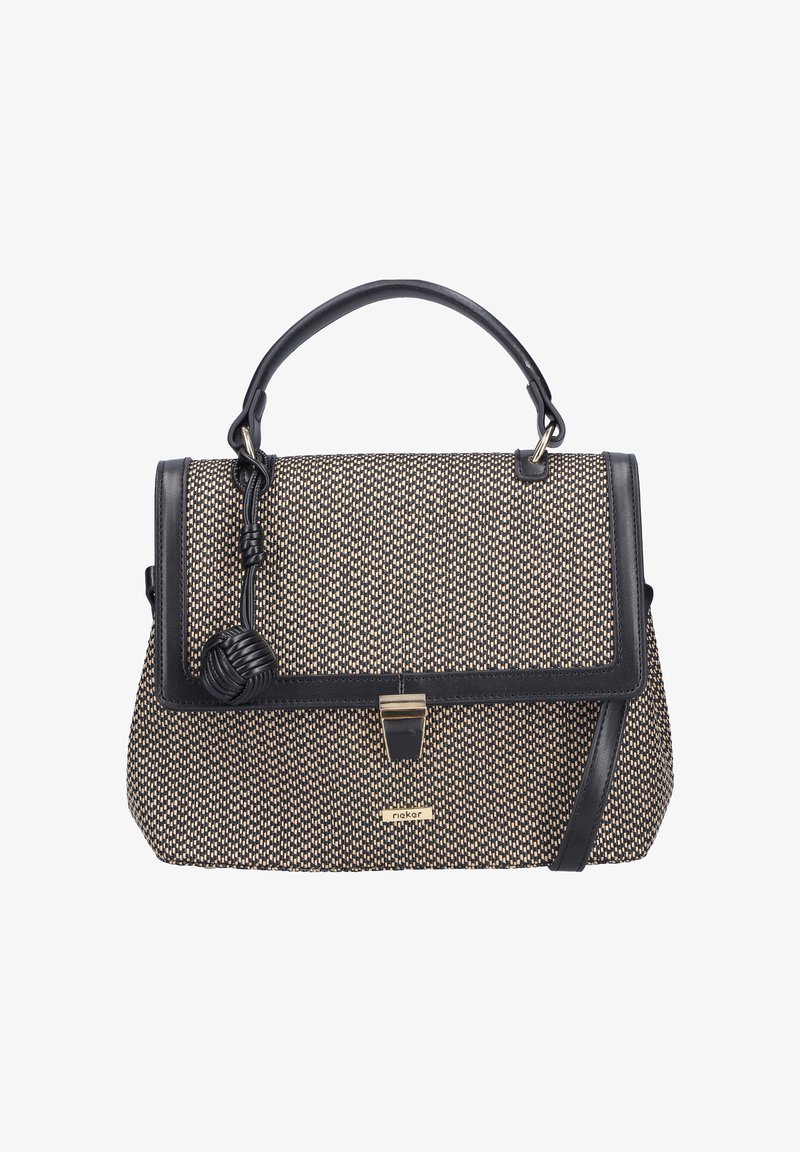 Sac à main avec un corps tissé de couleur beige et noir, accents en cuir noir, une forme structurée et un détail de nœud décoratif sur le fermoir.