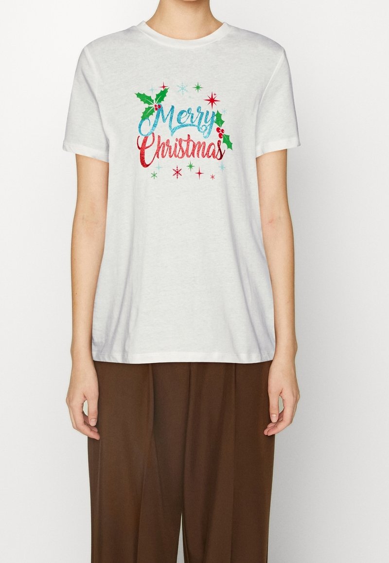 Bílá bavlněná trička s designem "Veselé Vánoce" v modré, červené a zelené barvě, zdobené větvičkami jmelí a hvězdičkami. Krátké rukávy a kulatý výstřih.