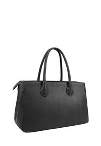 Zwarte leren handtas met twee ronde handvaten, een ruime rechthoekige vorm, een gestructureerd oppervlak en discrete stiksels.