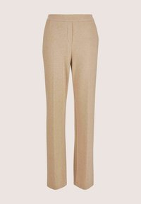 Beige Hosen mit schmaler Passform, aus einem glatten, elastischen Stoff und mit einem breiten Bund. Gerades Bein mit dezenten Nahtdetails.