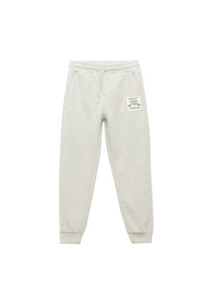 Pantalones de chándal de algodón color gris claro con cinturilla elástica, cordón y un parche en el muslo derecho con texto y detalles del logotipo en blanco.