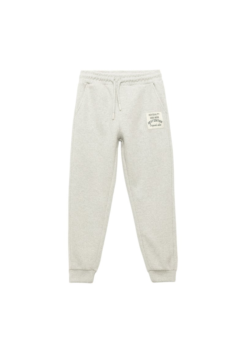 Lysegrå bomulds sweatpants med elastisk talje, snor og en lomme på højre lår med hvid tekst og logo.