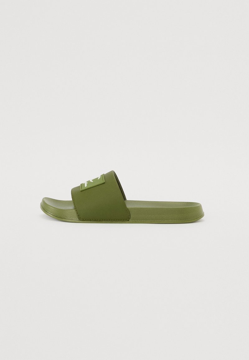 Grønn rutsjesandal med flat såle, bred stropp og preget logo-detalj. Laget av glatt plastmateriale med matt finish.