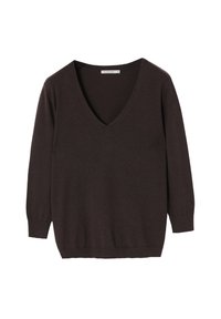 Maglione a maniche lunghe marrone scuro con scollo a V, con polsini e orlo a coste, taglia media, esposto su sfondo bianco.