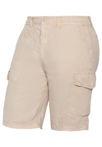 Beige Cargo-Shorts aus leichtem Stoff, mit mehreren Taschen, einer lockeren Passform, einem Knopfverschluss und subtiler Textur.