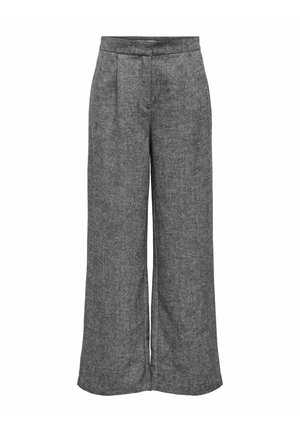 Pantalons larges taille haute gris avec un pli avant et une ceinture, fabriqués à partir d'un tissu texturé.
