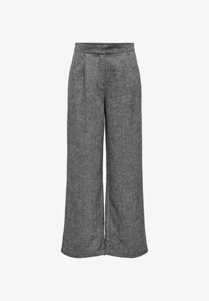 Pantalons larges taille haute gris avec un pli avant et une ceinture, fabriqués à partir d'un tissu texturé.