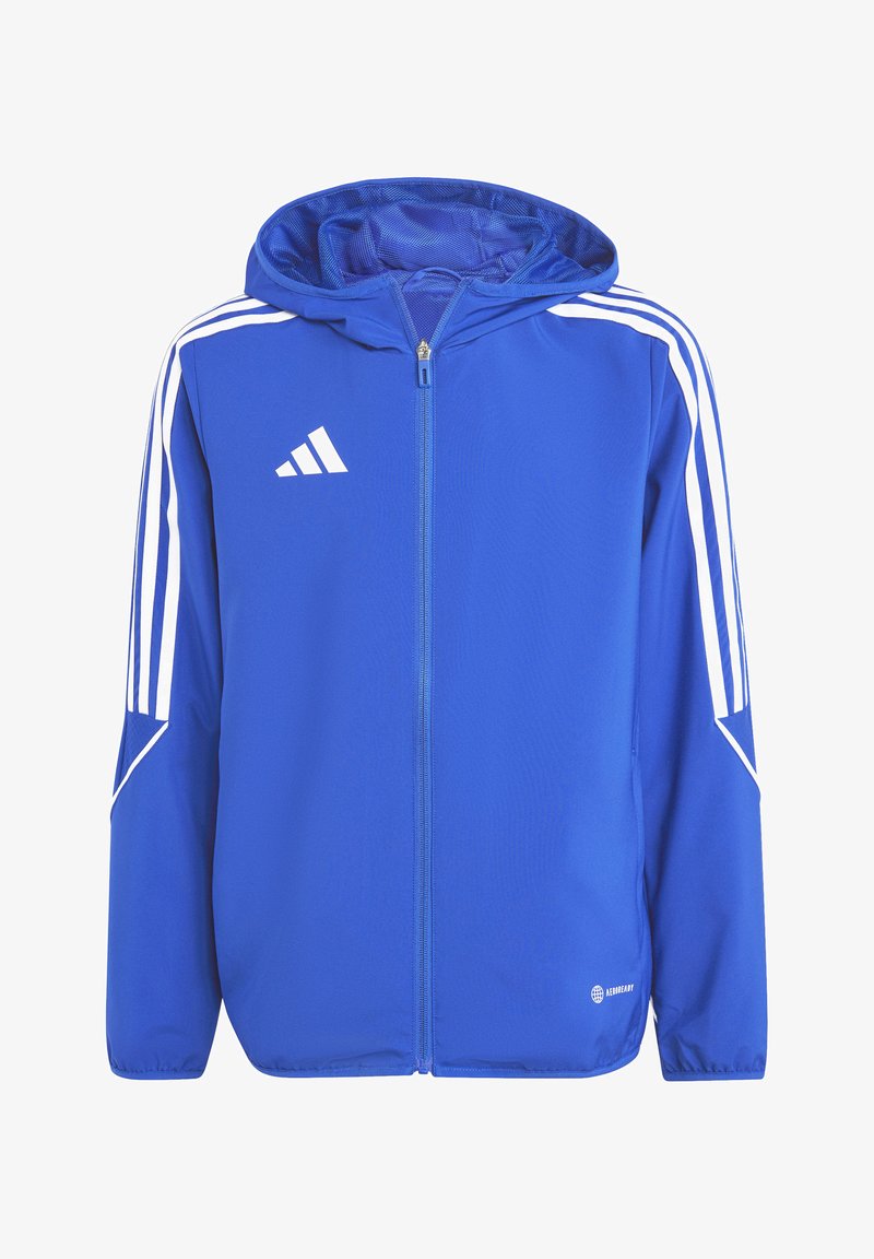 Blaue Sportjacke mit Reißverschluss vorne, Kapuze und weißem Dreistreifen-Design auf den Schultern. Glattes Material und elastische Bündchen. Logo auf der Brust.