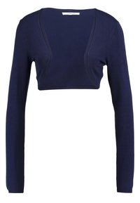 Marinblå kort trikåtröja med långa ärmar, med en djup V-ringning och ribbade detaljer längs kanterna. Mjuk, lättstickad material.