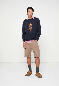 Tengerészkék pulóver oroszlán mintával, világos rózsaszín galléros ing alatta, bézs rövidnadrág, szürke térdig érő zokni és barna cipők.