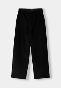 Black wide-leg corduroy pants with button and zipper closure, belt loops, and visible vertical ribbed texture.
