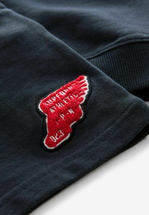 Mørk grå sweatshirt med et rødt broderet vinge-logo med hvid kant og tekst, der fremhæver en blød stofstruktur.