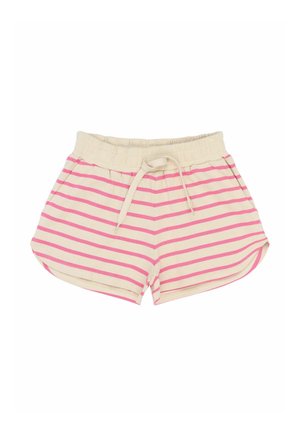 Stribede shorts med en cremet bundfarve og lyserøde striber, lavet af blødt stof. Har en elastisk talje og en bindesnor-detalje.