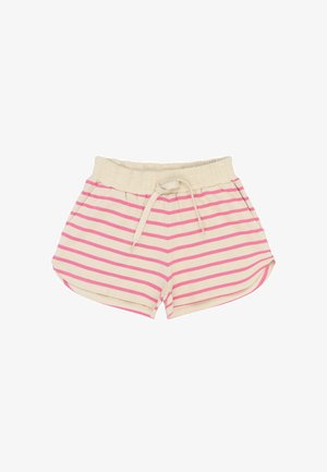 Stribede shorts med en cremet bundfarve og lyserøde striber, lavet af blødt stof. Har en elastisk talje og en bindesnor-detalje.