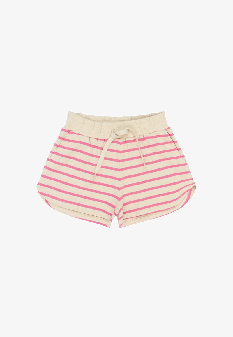 Shorts rayés avec une base crème et des rayures roses, fabriqués en tissu doux. Dotés d'une taille élastique et d'un détail de cordon de serrage noué.