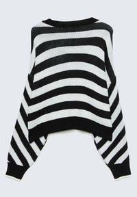 Pull en tricot à rayures horizontales noires et blanches avec manches longues et poignets, col, et ourlet côtelés.