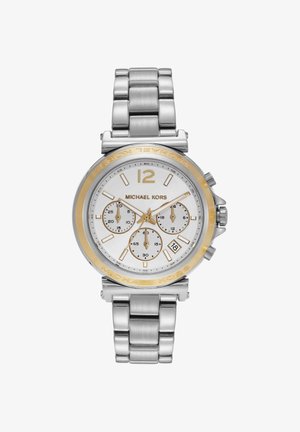 Orologio in metallo color argento e oro Michael Kors con quadrante bianco, tre sottoquadranti, finestra della data e cinturino con maglie.