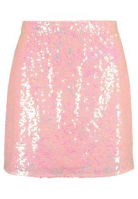 Gonna corta rosa con paillettes bianche scintillanti, texture ondulata, vita elasticizzata, senza tasche, forma a A semplice, adatta per abbinamenti vari.