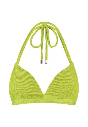 Top bikini in tessuto verde chiaro con trama, con laccetti all'americana e estremità con punte argentate, progettato per costumi da bagno o abbigliamento da spiaggia.