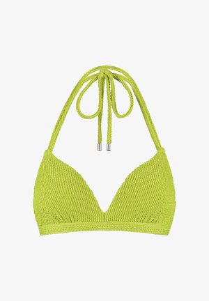 Top bikini in tessuto verde chiaro con trama, con laccetti all'americana e estremità con punte argentate, progettato per costumi da bagno o abbigliamento da spiaggia.