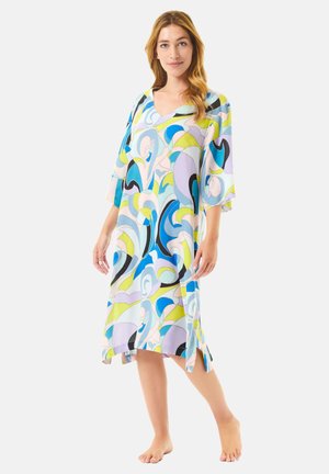 Kaftán ligero y multicolor con remolinos abstractos en azul, verde y rosa. Las mangas cortas y las aberturas laterales mejoran la comodidad y el ajuste.