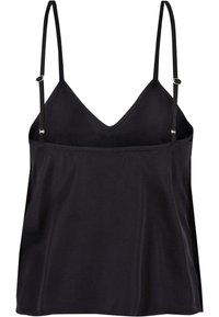 Camisola nera con spalline sottili regolabili, scollatura a V, tessuto morbido, vestibilità ampia e lati senza cuciture. Design semplice senza motivi.