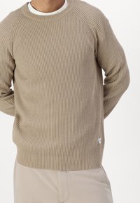 Beżowy prążkowany sweter z okrągłym dekoltem, teksturowaną tkaniną i rękawami typu raglan. Posiada małą metkę z logo marki z boku.