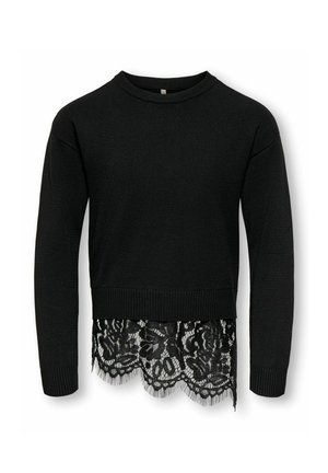 Pull tricoté noir à manches longues avec poignets et ourlet côtelés, orné d'une bordure en dentelle florale noire qui dépasse sous l'ourlet.