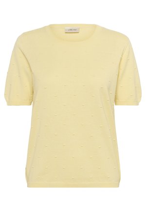 Gelbes gestricktes T-Shirt mit kurzen Ärmeln, Rundhalsausschnitt und strukturiertem Punktmuster auf dem Stoff. Gerader Saum mit seitlichen Schlitzen.