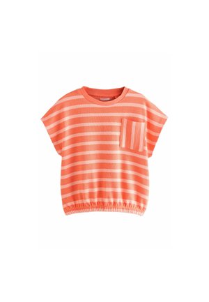 Tricou cu mânecă scurtă, cu dungi portocalii, având o margine elastică și un buzunar frontal. Fabricat dintr-un material moale, cu dungi portocalii deschise și închise.