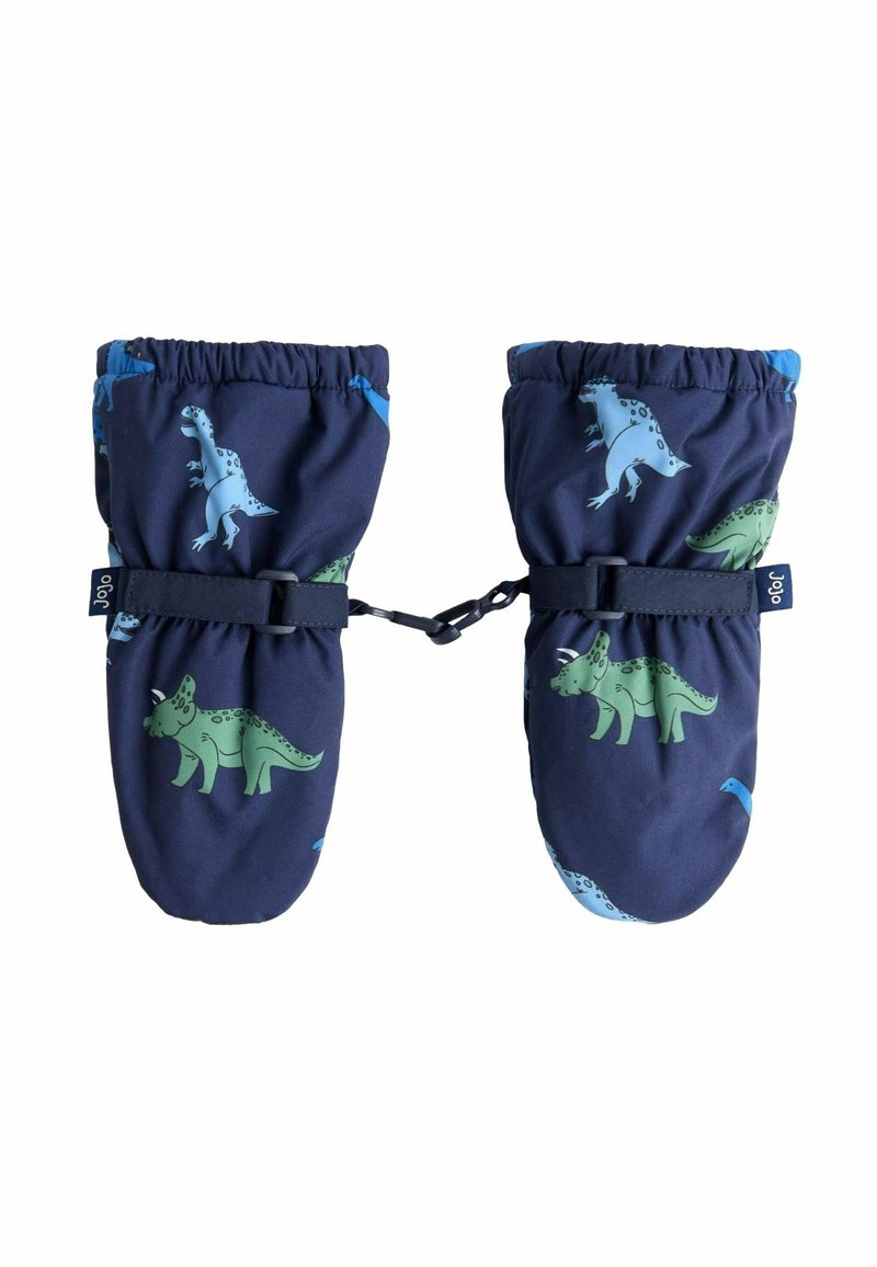 Granatowe rękawiczki dla dzieci z printem dinozaurów, połączone czarnym plastikowym zapięciem i regulowanymi paskami na nadgarstki.