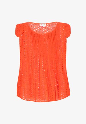 Top rosso a maniche corte realizzato in tessuto perforato, con scollatura rotonda e dettaglio plissettato, che offre un aspetto testurizzato.