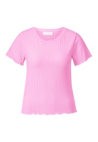 Haut rose à manches courtes à côtes avec un col rond et un ourlet en dentelle, fabriqué à partir d'un tissu léger et extensible.