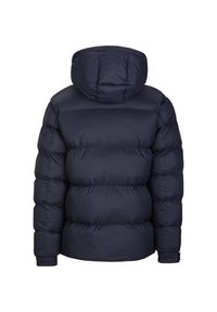 Dunkelblaue Steppjacke mit Kapuze, ausgestattet mit einem gesteppte Design aus glänzendem Material, elastischen Bündchen und einem Saum.