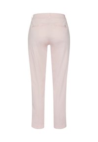 Helle rosa Hosen mit glatter Textur, figurbetonter Passform und kürzerer Länge. Verfügt über Gesäßtaschen und ein schlichtes Design des Bunds.
